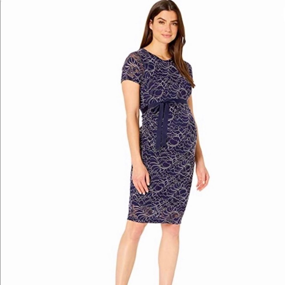 Motherhood Maternity Fully-Lined Navy Lace Gathered Gender Reveal Dress‎ NWT S